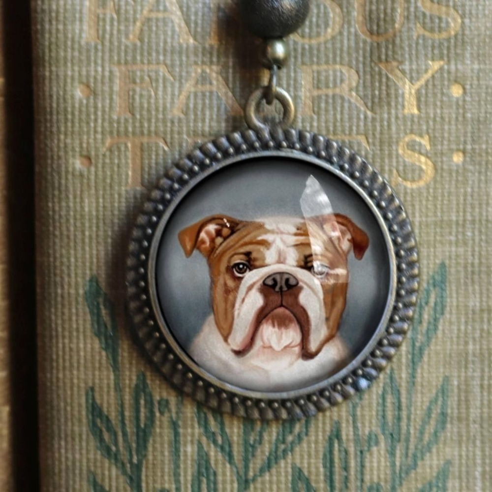 English‎ Bulldog Bookmark - "Best Friends" - Bronze and Glass Cabochon Book Hook
